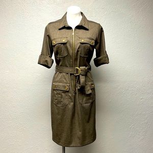 SHARAGANO Brown Belted Zipper Dress Sz 8